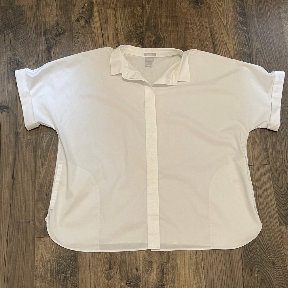 Chicos No-Iron Chic Stretch White Short Sleeve Button Down Shirt Womens Size 4